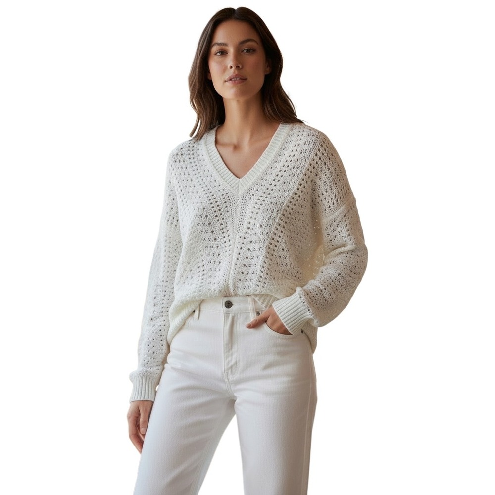 Tommy Bahama Beach White Cotton Open Knit V-Neck Sweater S Small NWT MSRP $138